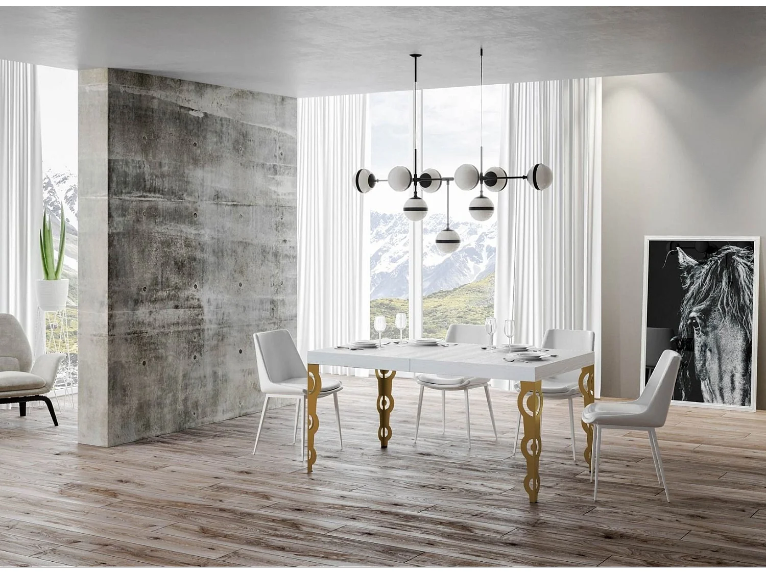 Oosterse uitschuifbare rechthoekige tafel voor 6 tot 20 personen L 180 tot 440 cm witte en gouden metalen poten Kazay