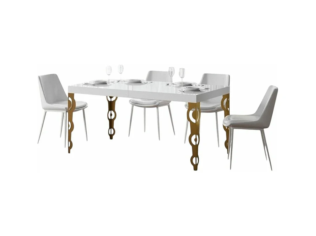 Table rectangulaire extensible orientale 6 à 10 personnes L 160 à 264cm blanc brillant et métal doré Kazay