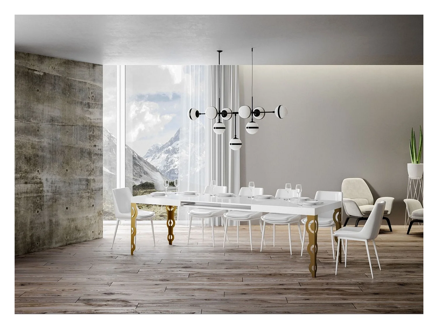 Table rectangulaire extensible orientale 6 à 10 personnes L 160 à 264cm blanc brillant et métal doré Kazay