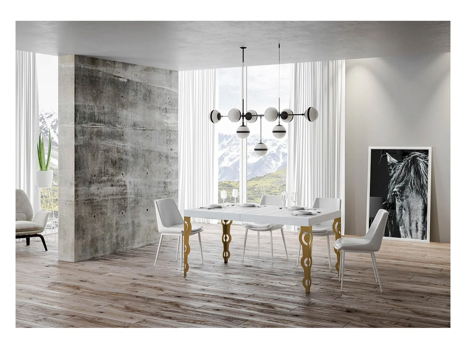 Oosterse uitschuifbare rechthoekige tafel voor 6 tot 14 personen L 180 tot 284 cm witte essen en goudkleurige metalen poten Kazay