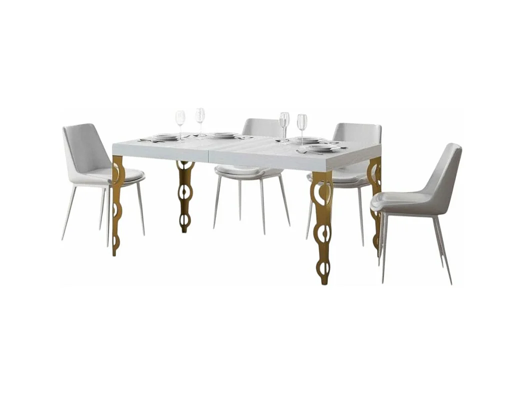 Table rectangulaire extensible orientale 6 à 14 personnes L 180 à 284cm frêne blanc et pieds métal doré Kazay
