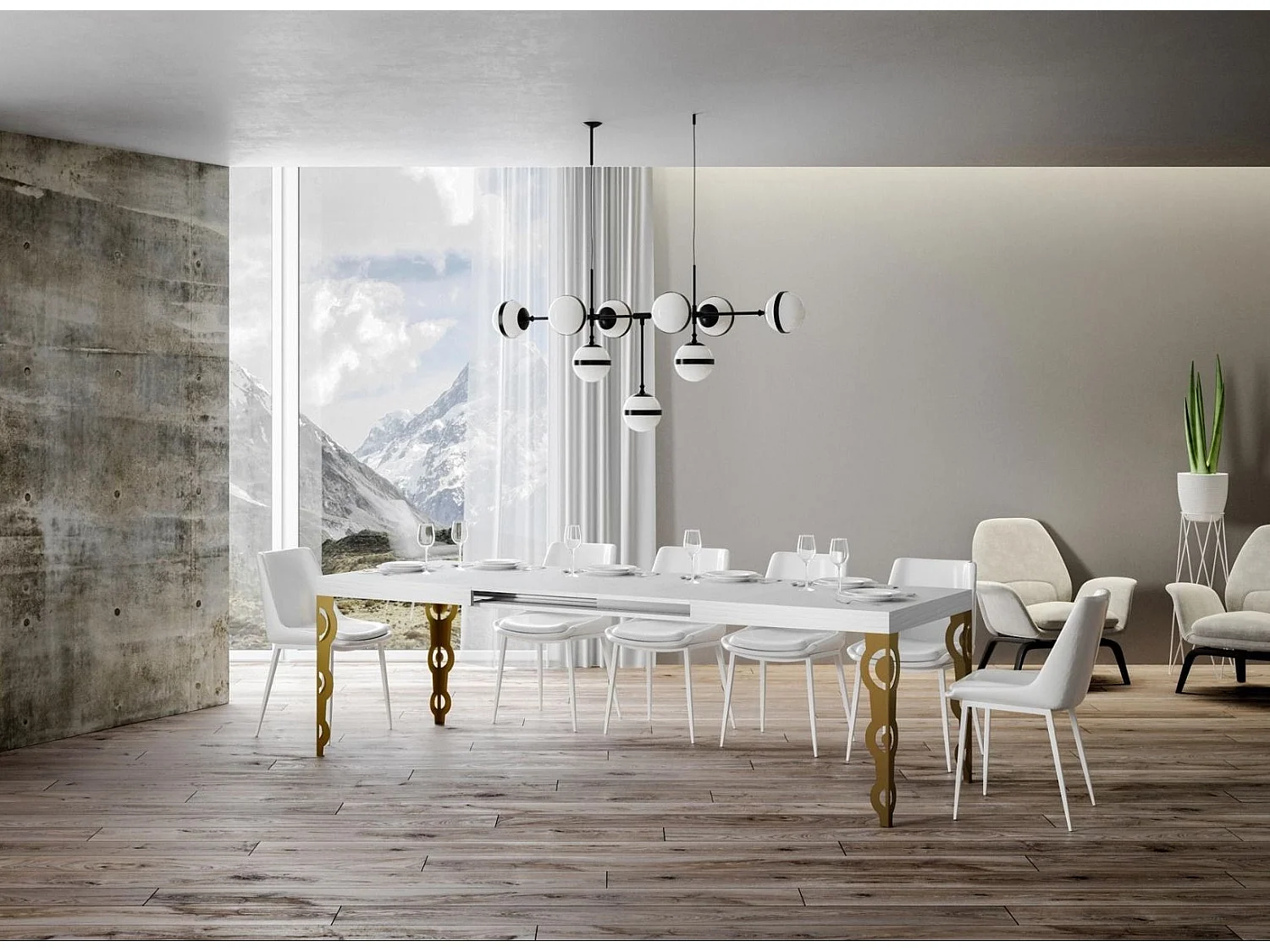 Table rectangulaire extensible orientale 6 à 14 personnes L 180 à 284cm frêne blanc et pieds métal doré Kazay