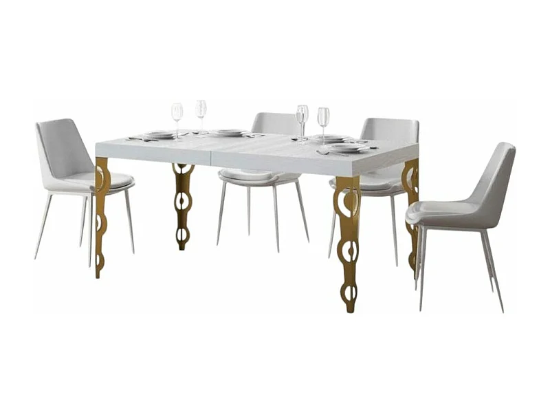 Table rectangulaire extensible orientale 6 à 14 personnes L 180 à 284cm frêne blanc et pieds métal doré Kazay