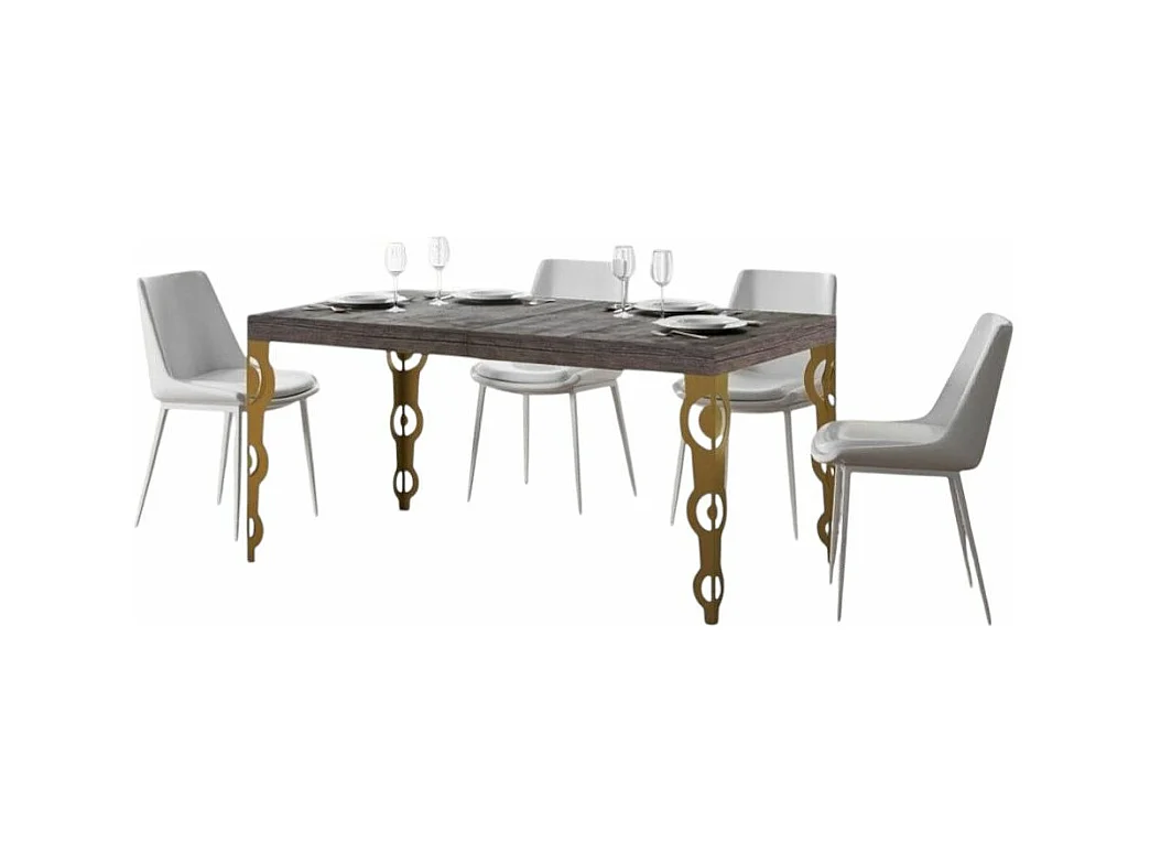 Table rectangulaire extensible orientale 6 à 10 personnes L 130 à 234cm bois foncé et pieds métal doré Kazay