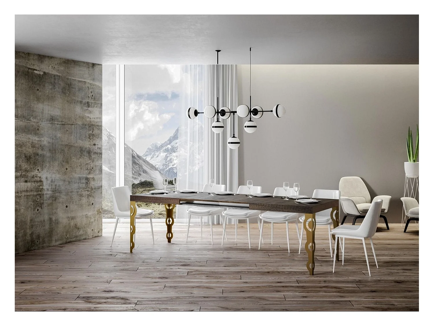 Table rectangulaire extensible orientale 6 à 10 personnes L 130 à 234cm bois foncé et pieds métal doré Kazay