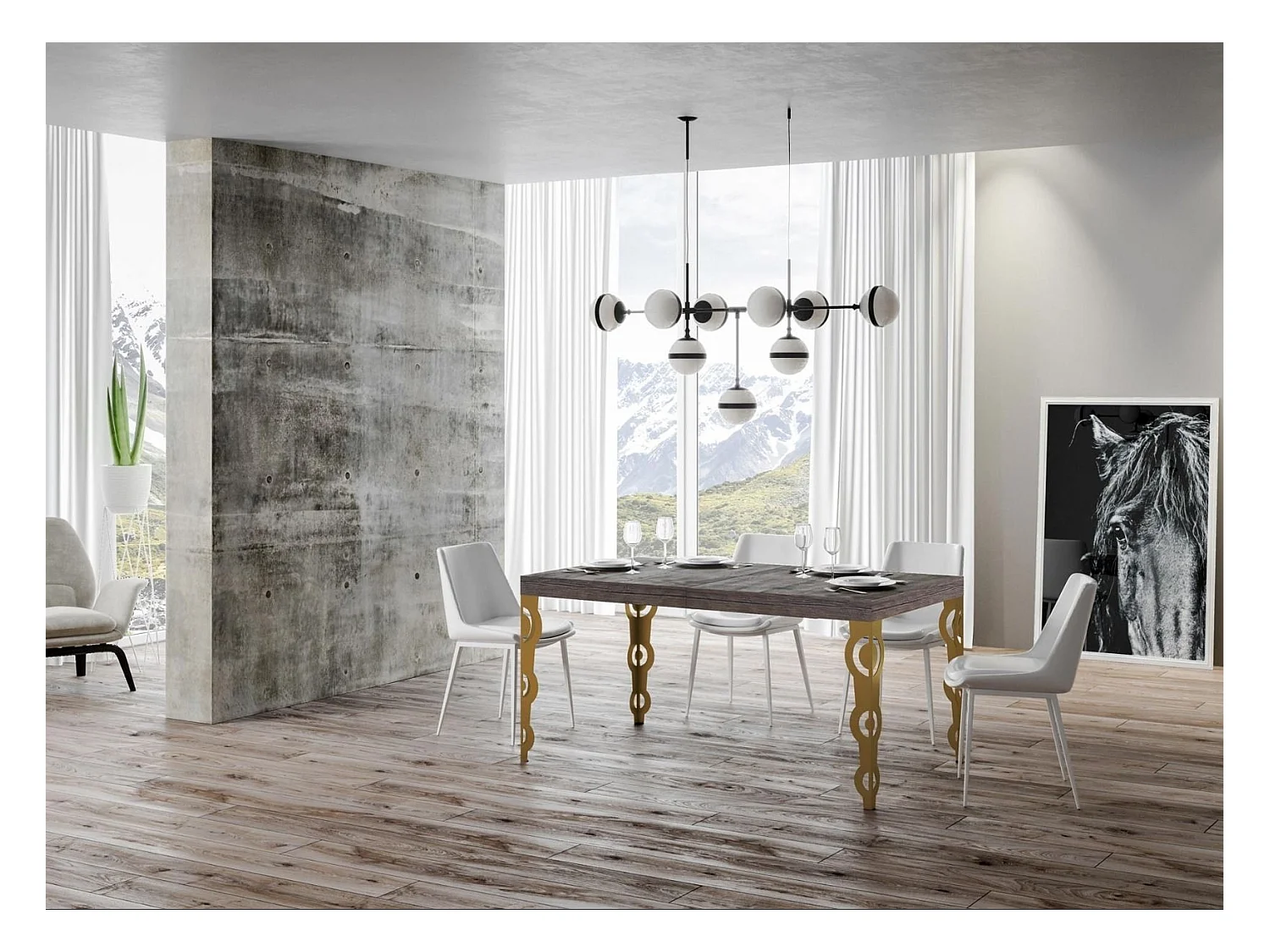 Table rectangulaire extensible orientale 6 à 10 personnes L 130 à 234cm bois foncé et pieds métal doré Kazay