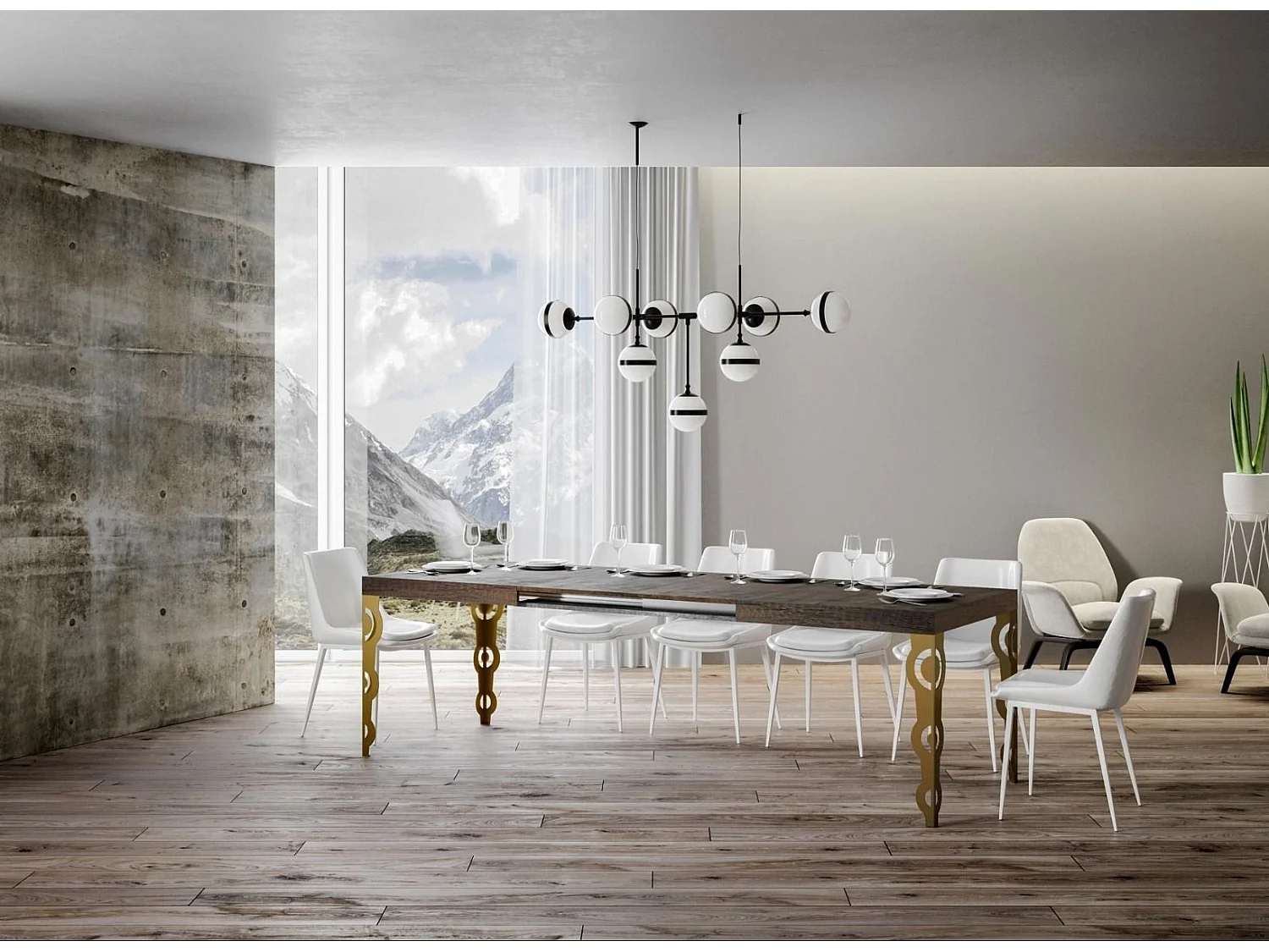 Oosterse uitschuifbare rechthoekige tafel voor 6 tot 10 personen L 130 tot 234 cm donker hout en goudkleurige metalen poten Kazay