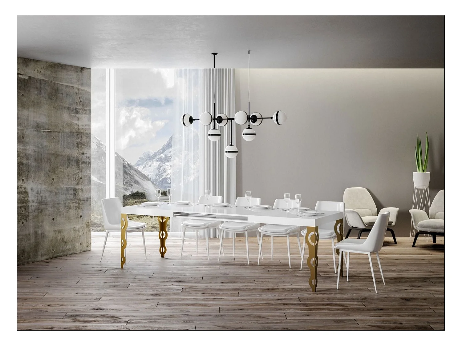 Oosterse uitschuifbare rechthoekige tafel voor 6 tot 14 personen L 180 tot 284 cm glanzend wit en goudkleurige metalen poten Kazay