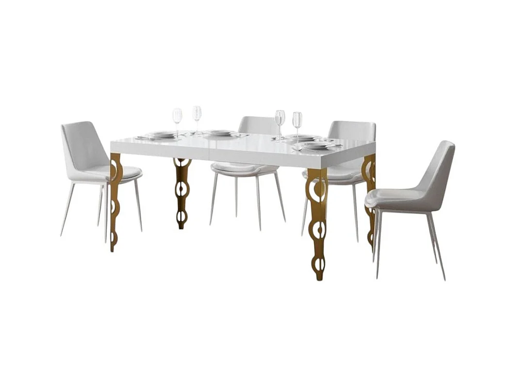 Table rectangulaire extensible orientale 6 à 14 personnes L 180 à 284cm blanc brillant et pieds métal doré Kazay