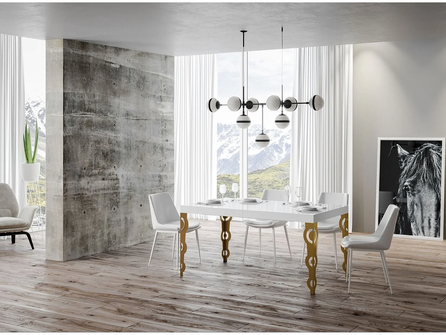 Table rectangulaire extensible orientale 6 à 14 personnes L 180 à 284cm blanc brillant et pieds métal doré Kazay