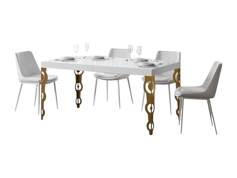 Table rectangulaire extensible orientale 6 à 14 personnes L 180 à 284cm blanc brillant et pieds métal doré Kazay