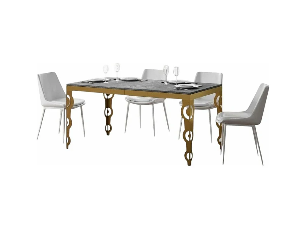 Rechthoekige uitschuifbare tafel voor 6 tot 16 personen L 120 tot 380 cm betongrijs en goudkleurig metalen frame Kazay