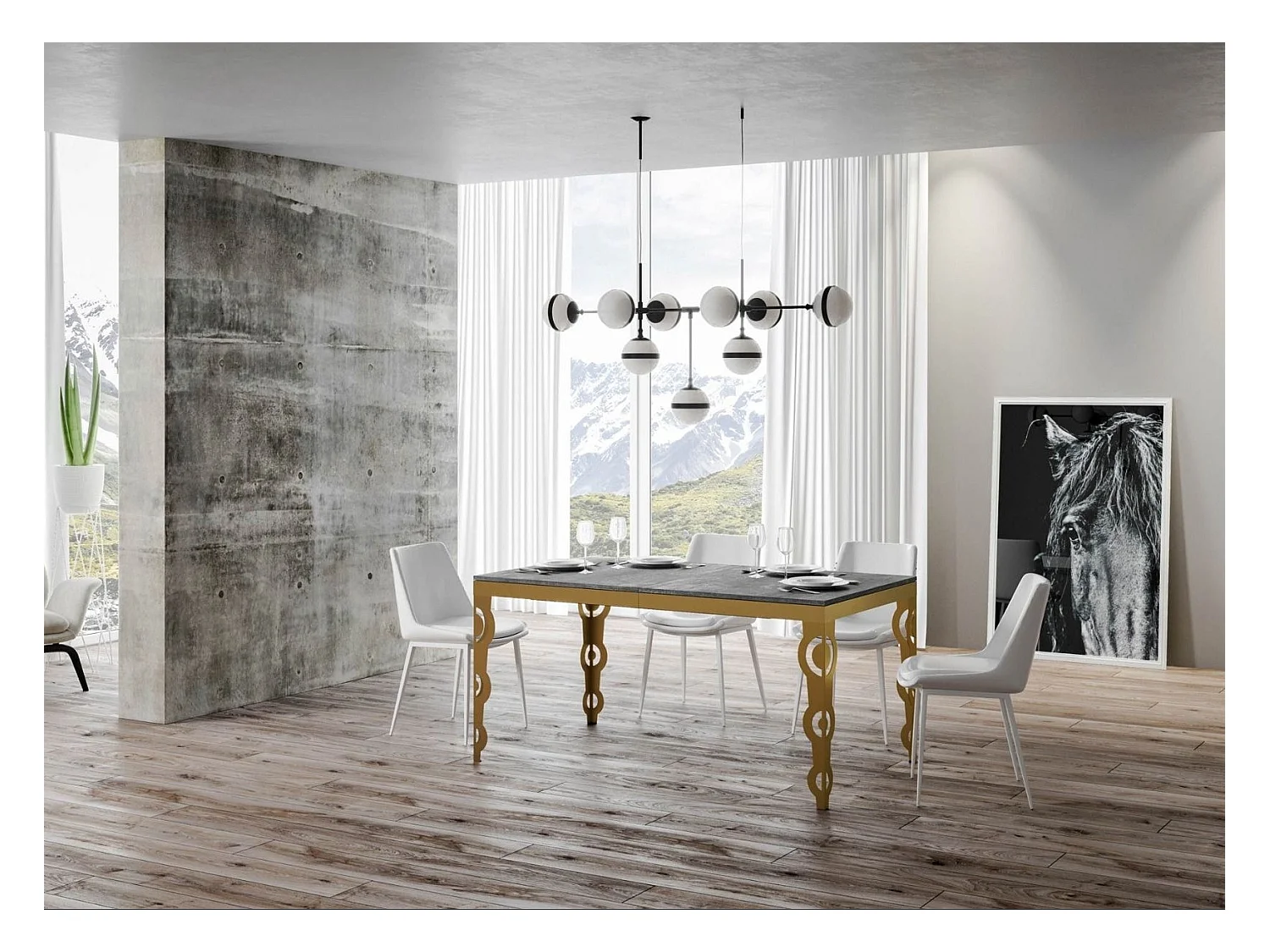 Rechthoekige uitschuifbare tafel voor 6 tot 16 personen L 120 tot 380 cm betongrijs en goudkleurig metalen frame Kazay