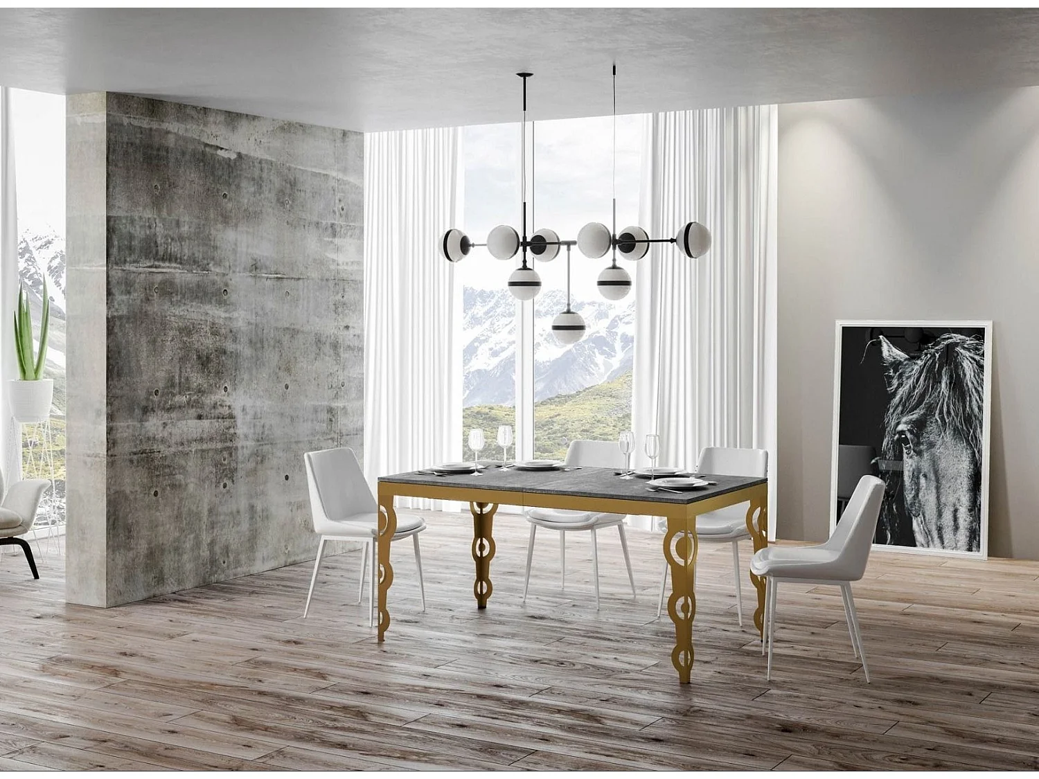 Table rectangulaire extensible 6 à 16 personnes L 120 à 380cm gris béton et cadre métal doré Kazay