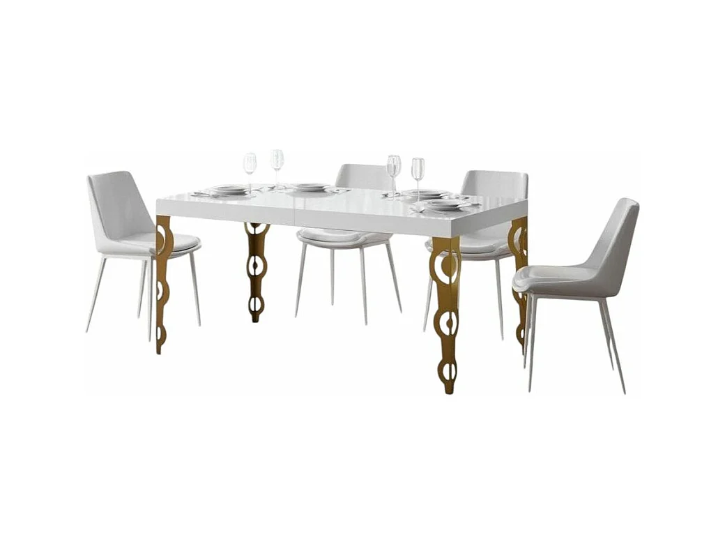 Table rectangulaire extensible orientale 6 à 20 personnes L 180 à 440cm blanc brillant et pieds métal doré Kazay