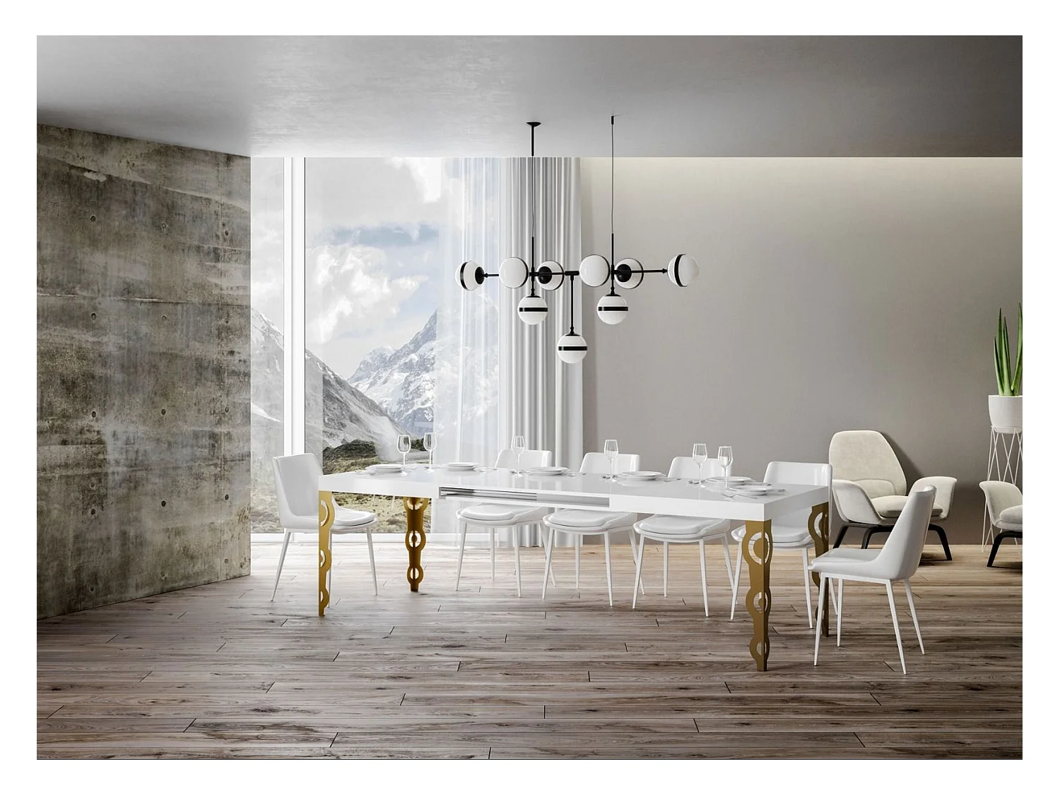 Table rectangulaire extensible orientale 6 à 20 personnes L 180 à 440cm blanc brillant et pieds métal doré Kazay