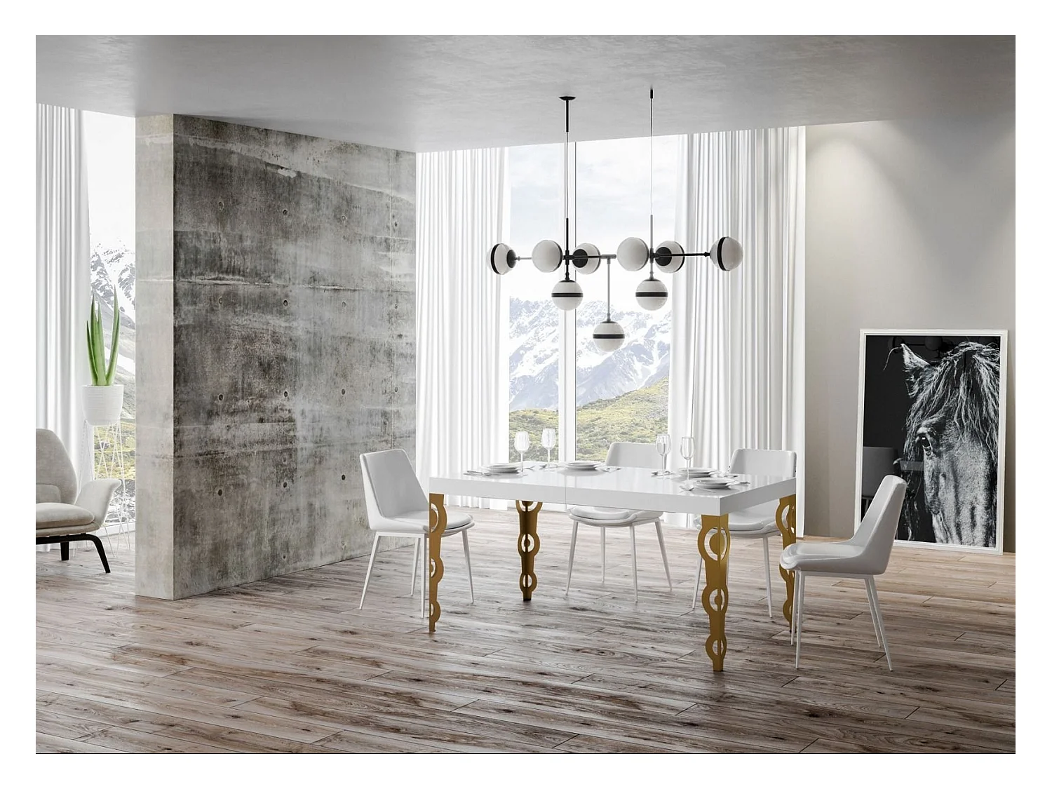 Table rectangulaire extensible orientale 6 à 20 personnes L 180 à 440cm blanc brillant et pieds métal doré Kazay