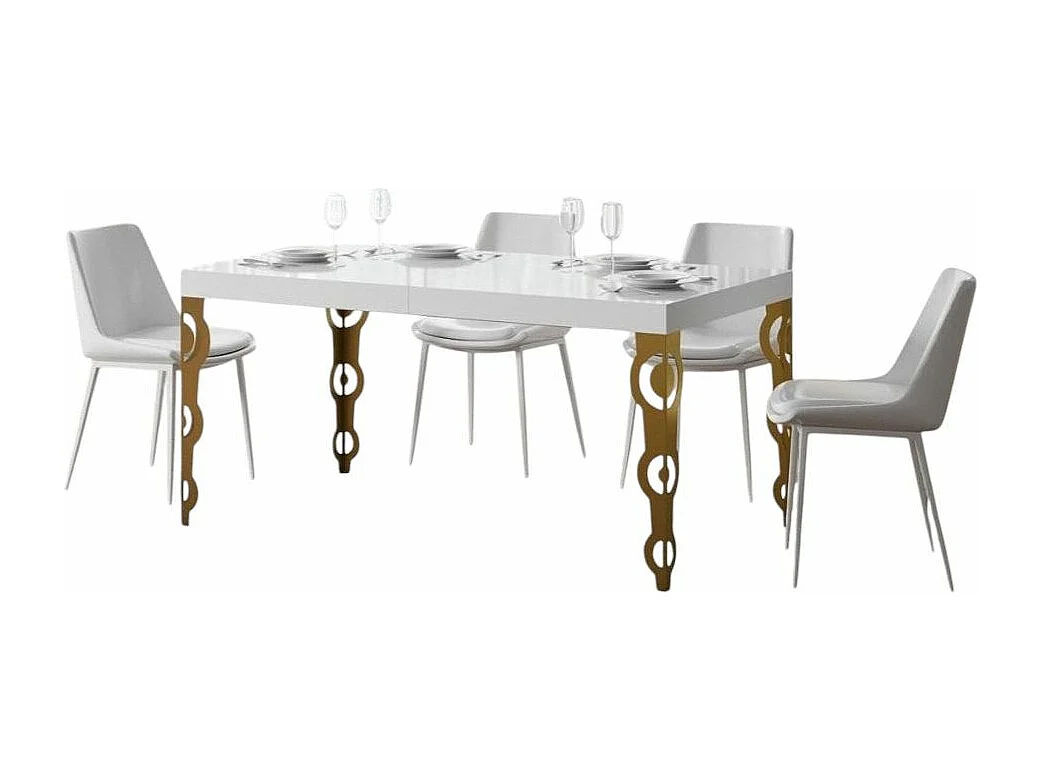 Table rectangulaire extensible orientale 6 à 20 personnes L 180 à 440cm blanc brillant et pieds métal doré Kazay