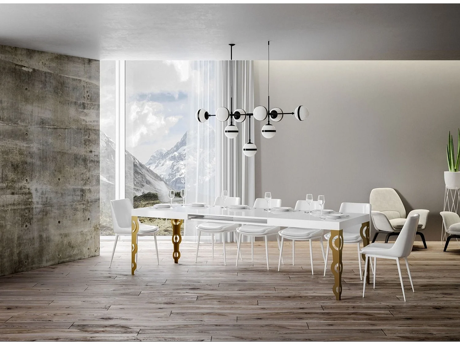 Table rectangulaire extensible orientale 6 à 20 personnes L 180 à 440cm blanc brillant et pieds métal doré Kazay