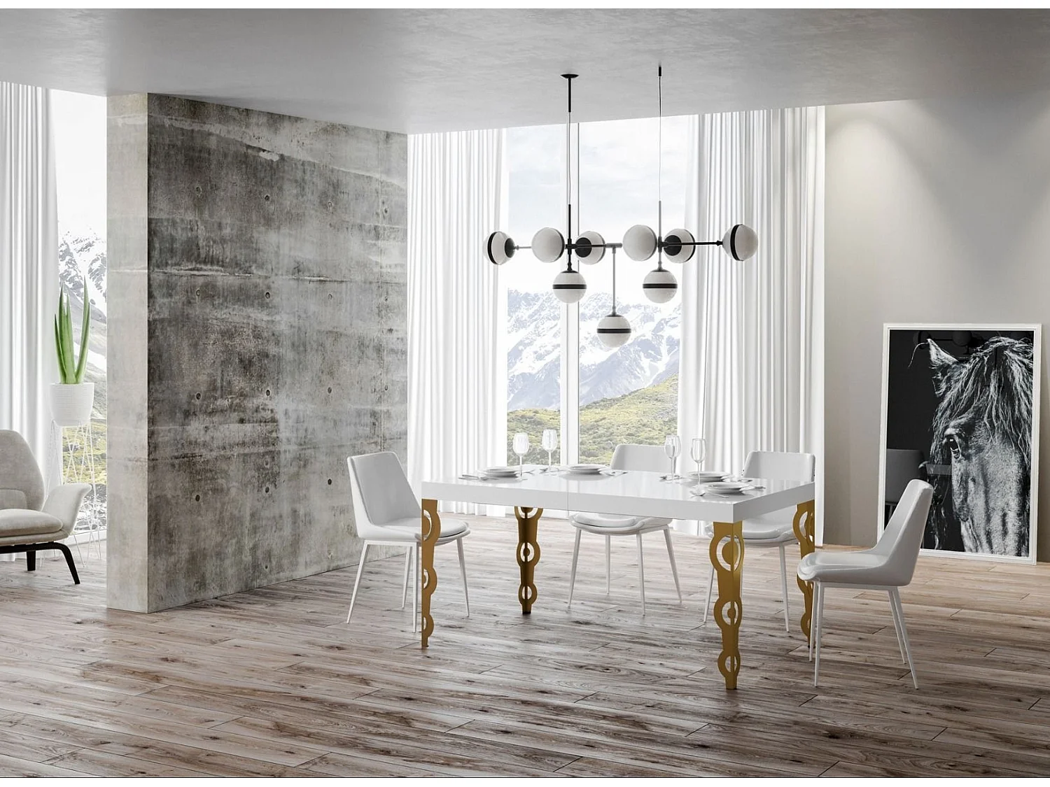 Table rectangulaire extensible orientale 6 à 20 personnes L 180 à 440cm blanc brillant et pieds métal doré Kazay