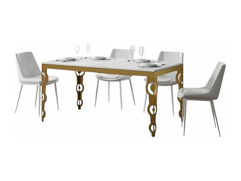 Table rectangulaire extensible 6 à 16 personnes L 120 à 380cm frêne blanc et cadre métal doré Kazay