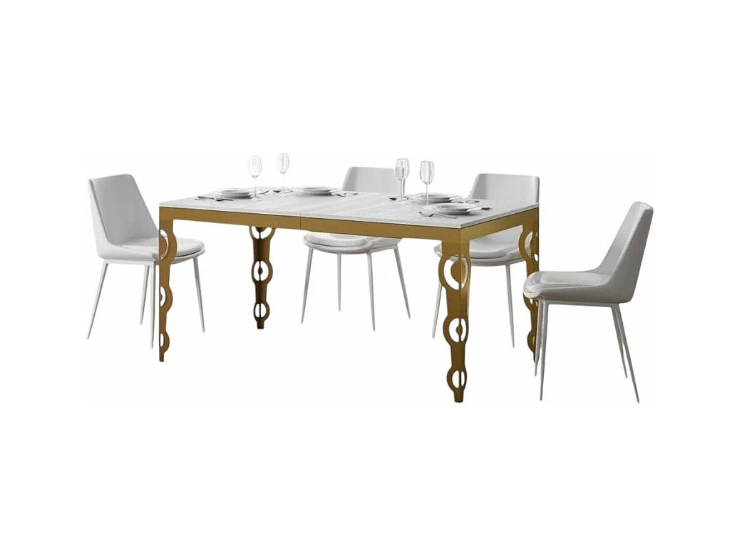 Table rectangulaire extensible 6 à 16 personnes L 120 à 380cm frêne blanc et cadre métal doré Kazay