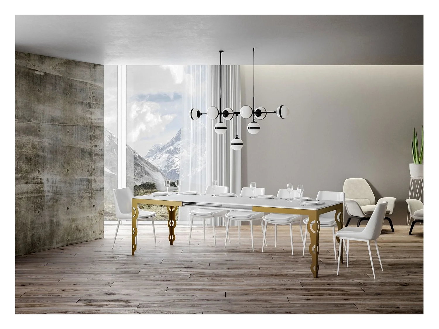 Table rectangulaire extensible 6 à 16 personnes L 120 à 380cm frêne blanc et cadre métal doré Kazay