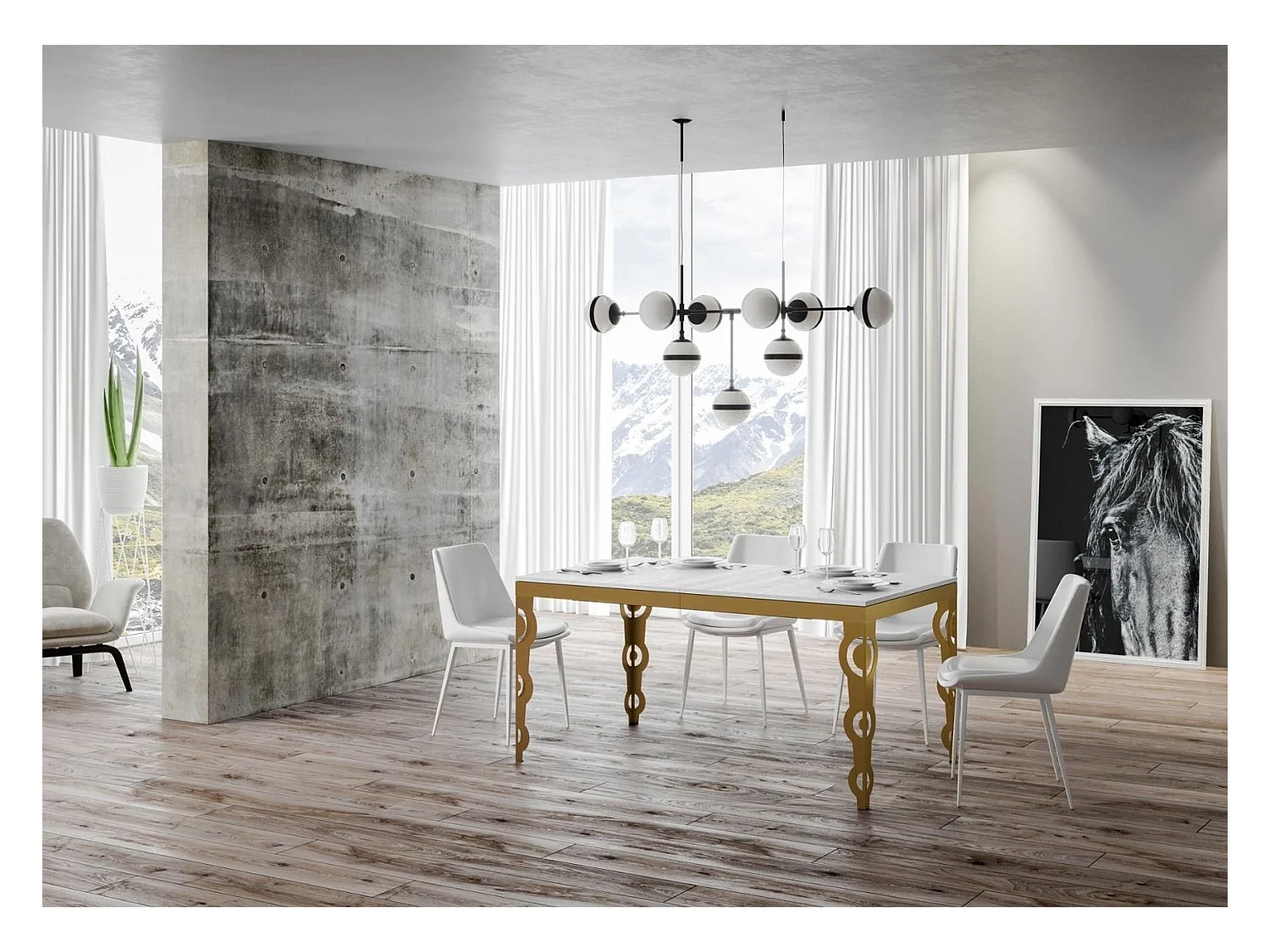 Table rectangulaire extensible 6 à 16 personnes L 120 à 380cm frêne blanc et cadre métal doré Kazay