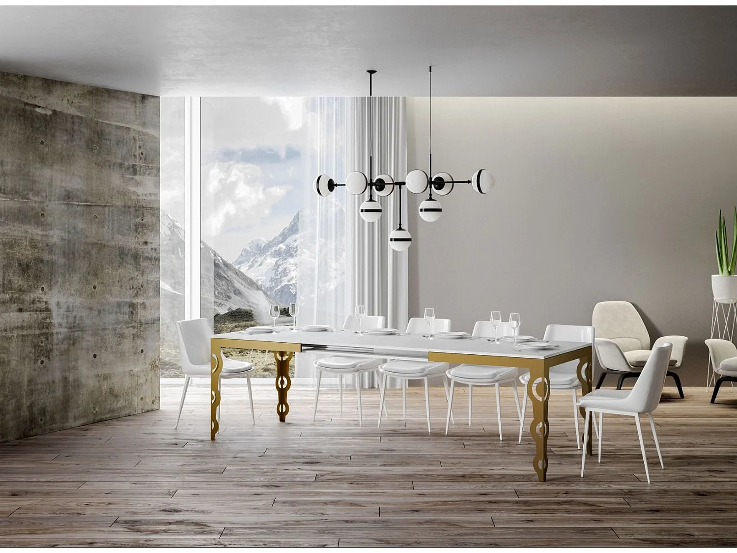 Table rectangulaire extensible 6 à 16 personnes L 120 à 380cm frêne blanc et cadre métal doré Kazay