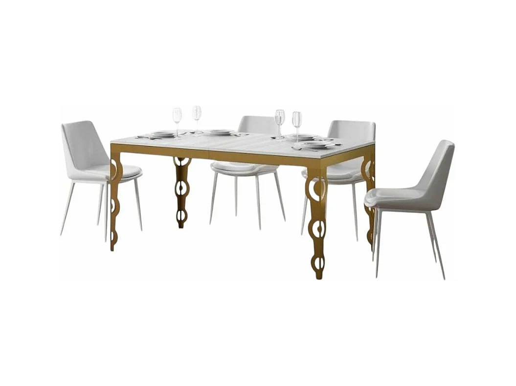 Table rectangulaire extensible orientale 6 à 20 personnes L 180 à 440cm frêne blanc et cadre métal doré Kazay