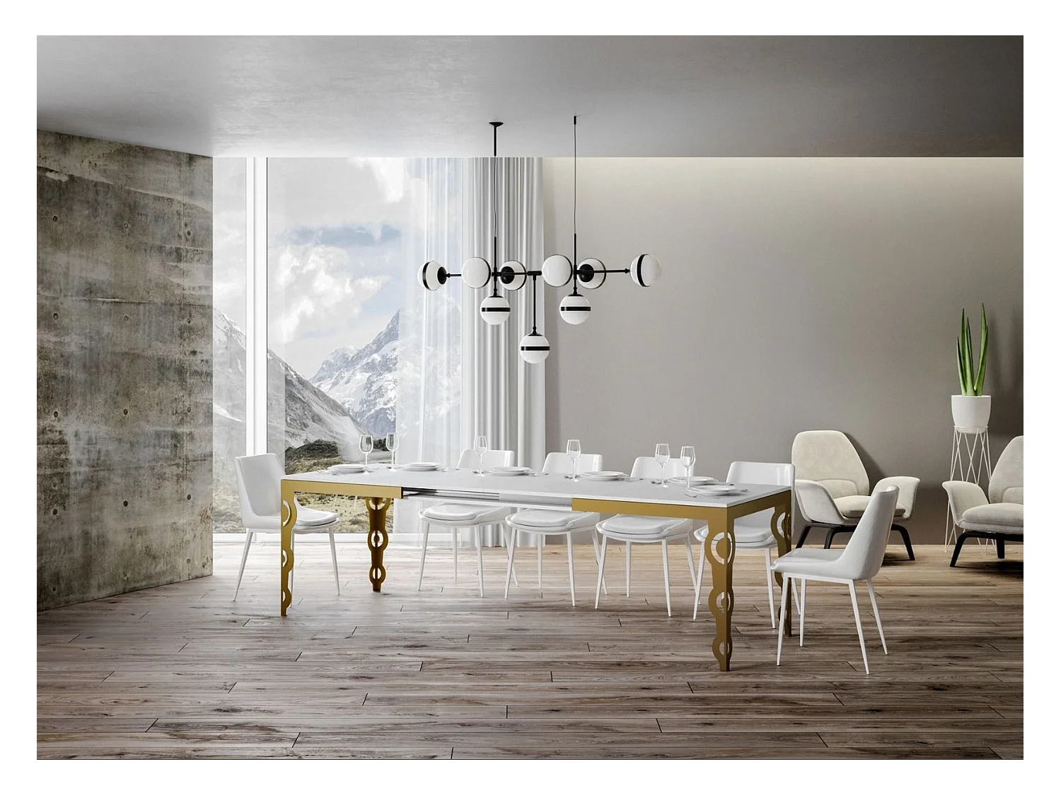 Table rectangulaire extensible orientale 6 à 20 personnes L 180 à 440cm frêne blanc et cadre métal doré Kazay