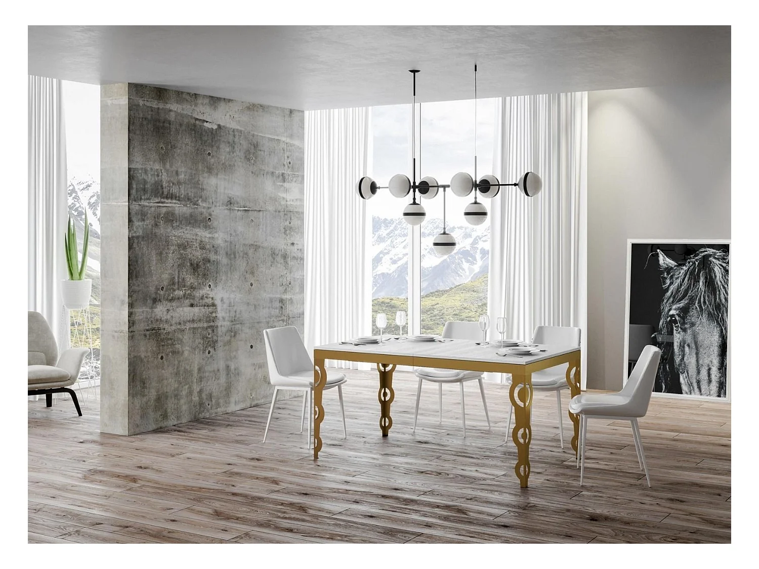 Table rectangulaire extensible orientale 6 à 20 personnes L 180 à 440cm frêne blanc et cadre métal doré Kazay