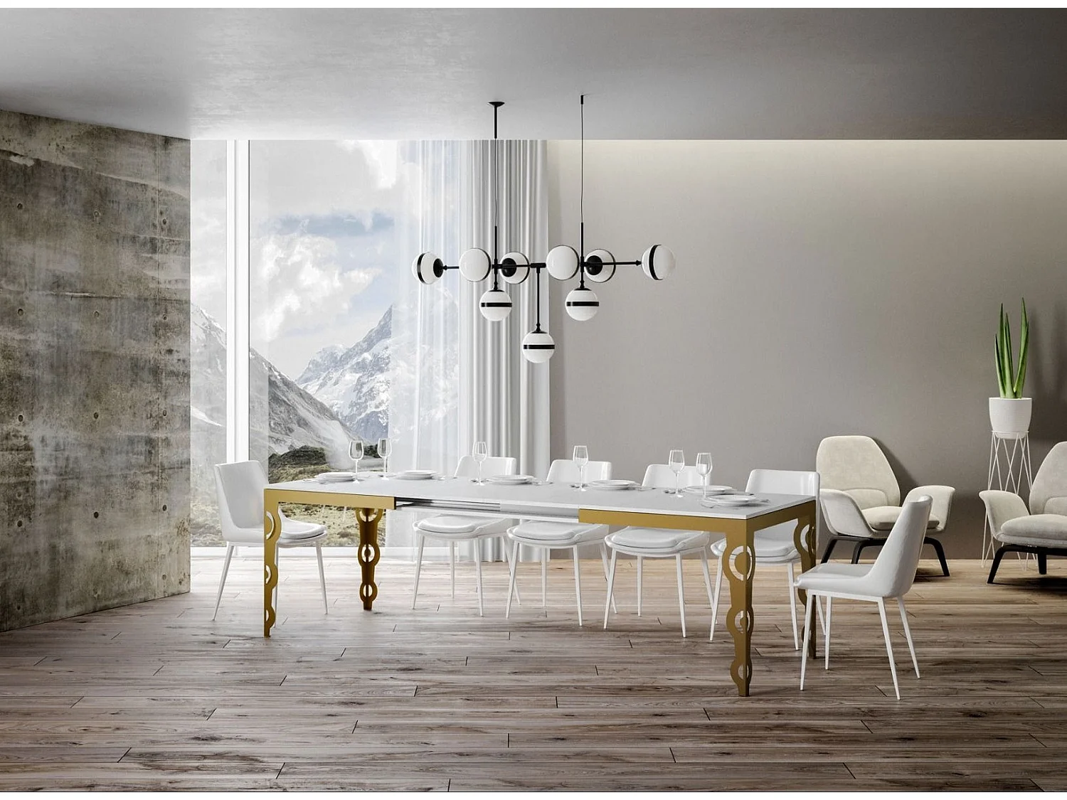 Table rectangulaire extensible orientale 6 à 20 personnes L 180 à 440cm frêne blanc et cadre métal doré Kazay