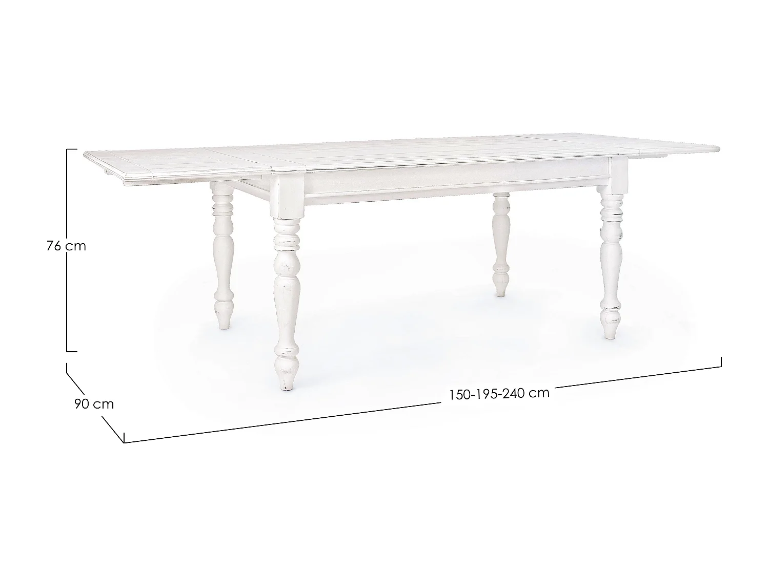 Table extensible de 150cm en bois de manguier blanc patiné Kolita 150-195-240cm