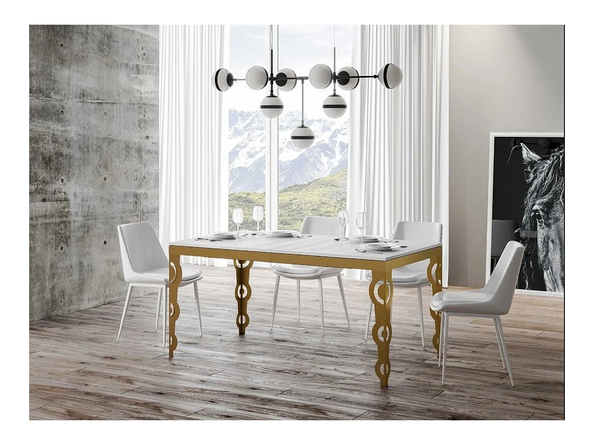 Table rectangulaire extensible orientale 6 à 10 personnes L 120 à 224cm frêne blanc et cadre métal doré Kazay