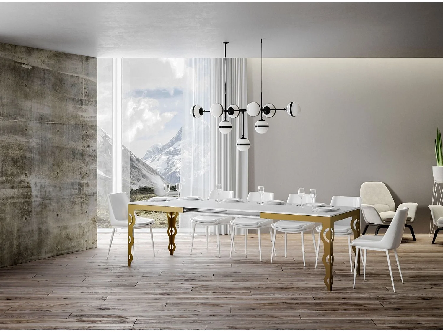 Table rectangulaire extensible orientale 6 à 10 personnes L 120 à 224cm frêne blanc et cadre métal doré Kazay