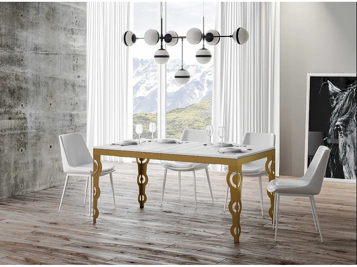 Table rectangulaire extensible orientale 6 à 10 personnes L 120 à 224cm frêne blanc et cadre métal doré Kazay