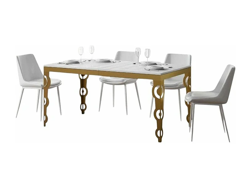 Table rectangulaire extensible orientale 6 à 10 personnes L 120 à 224cm frêne blanc et cadre métal doré Kazay