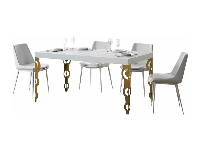 Table rectangulaire extensible orientale 6 à 20 personnes L 160 à 420cm frêne blanc et pieds métal doré Kazay