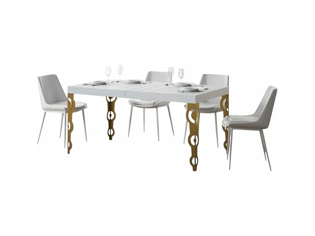 Table rectangulaire extensible orientale 6 à 20 personnes L 160 à 420cm frêne blanc et pieds métal doré Kazay