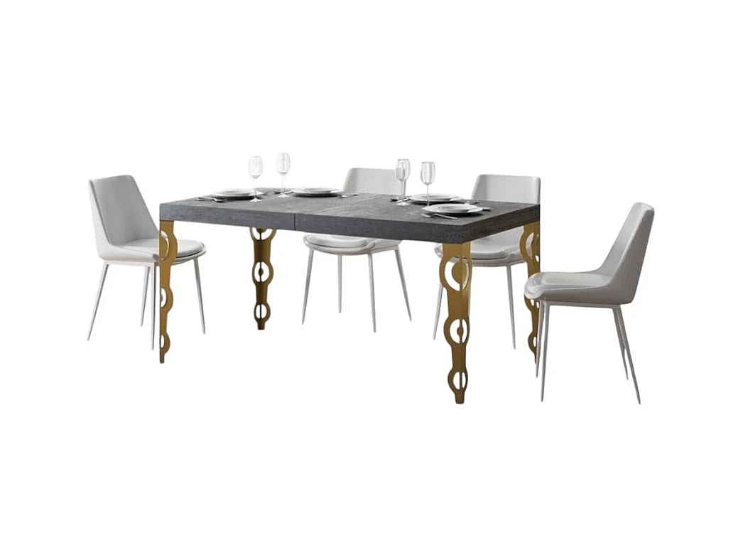 Table rectangulaire extensible orientale 6 à 10 personnes L 130 à 234cm gris béton et pieds métal doré Kazay