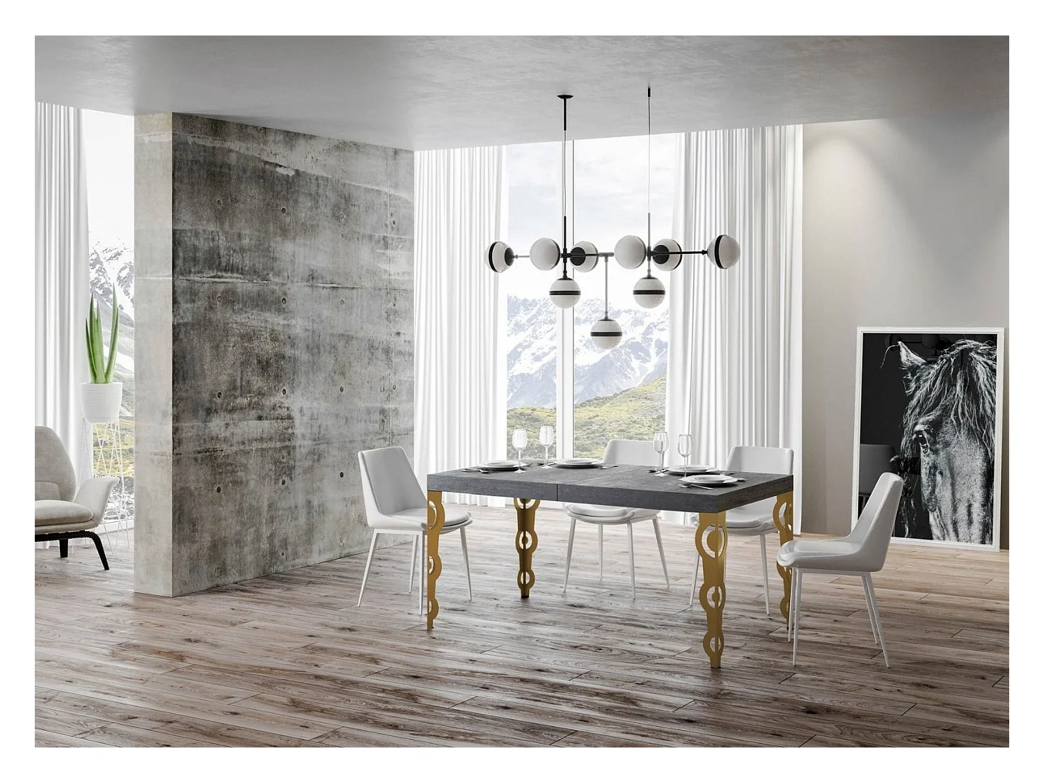 Table rectangulaire extensible orientale 6 à 10 personnes L 130 à 234cm gris béton et pieds métal doré Kazay