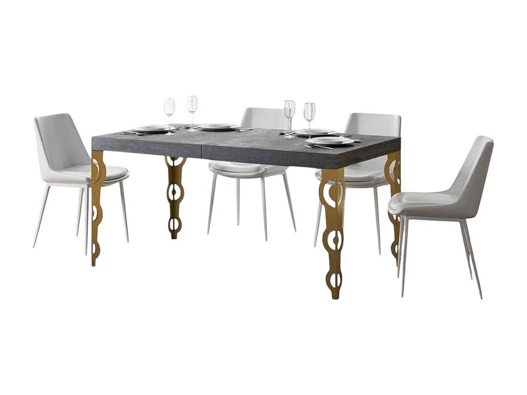 Table rectangulaire extensible orientale 6 à 10 personnes L 130 à 234cm gris béton et pieds métal doré Kazay