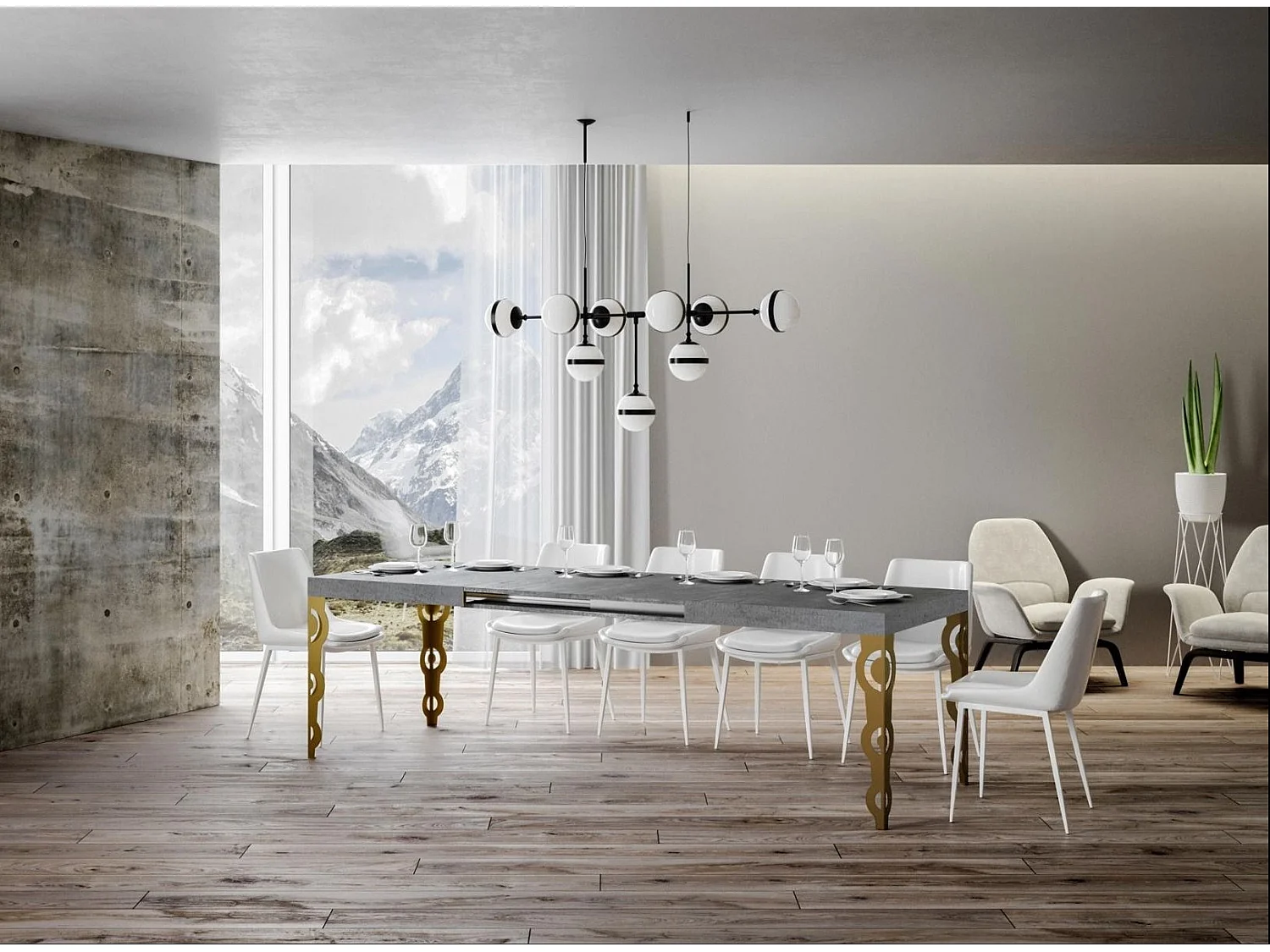 Table rectangulaire extensible orientale 6 à 10 personnes L 130 à 234cm gris béton et pieds métal doré Kazay