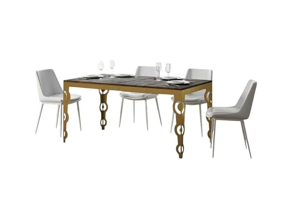 Table rectangulaire extensible orientale 6 à 16 personnes L 120 à 380cm bois foncé et cadre métal doré Kazay