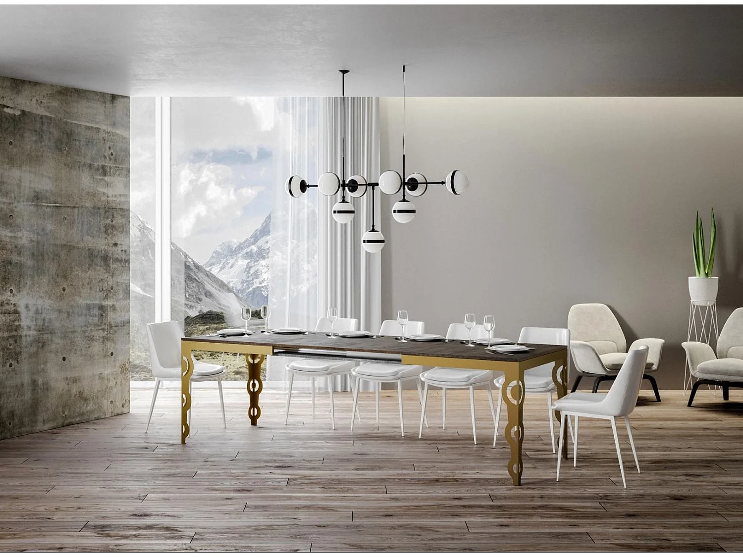 Oosterse uitschuifbare rechthoekige tafel voor 6 tot 16 personen L 120 tot 380 cm donker hout en goudkleurig metalen frame Kazay