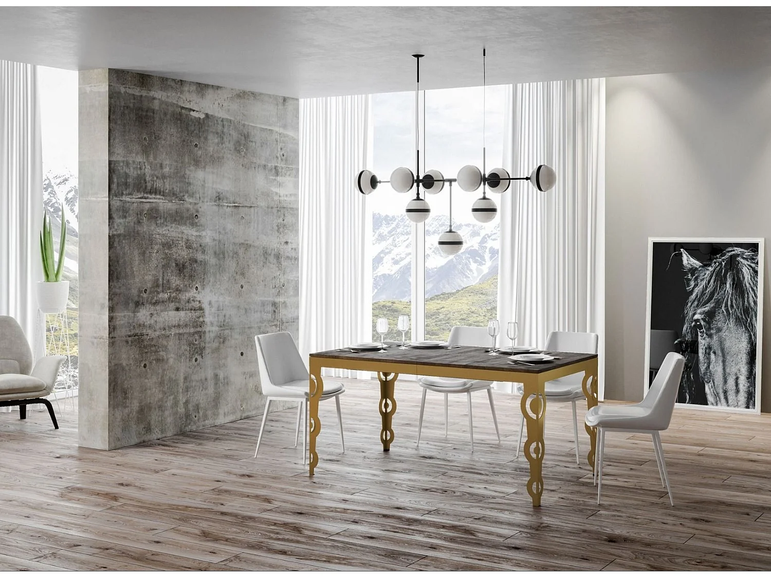 Oosterse uitschuifbare rechthoekige tafel voor 6 tot 16 personen L 120 tot 380 cm donker hout en goudkleurig metalen frame Kazay