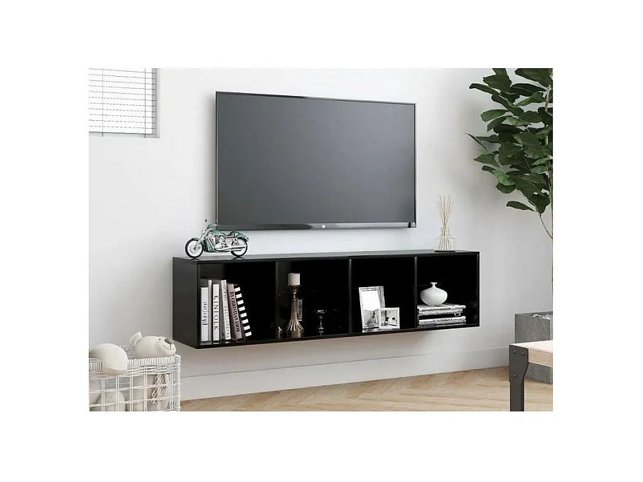 Meuble TV suspendu 4 niches bois noir Neone 143cm