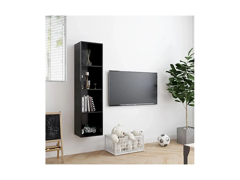 Meuble TV suspendu 4 niches bois noir Neone 143cm