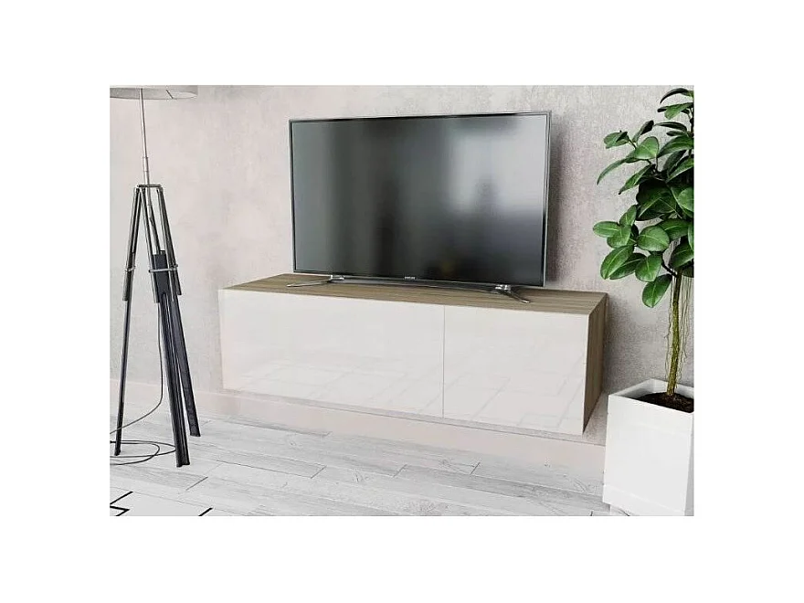 Meuble TV suspendu 2 portes bois laqué blanc et chêne clair Chickie L120xH34xP40